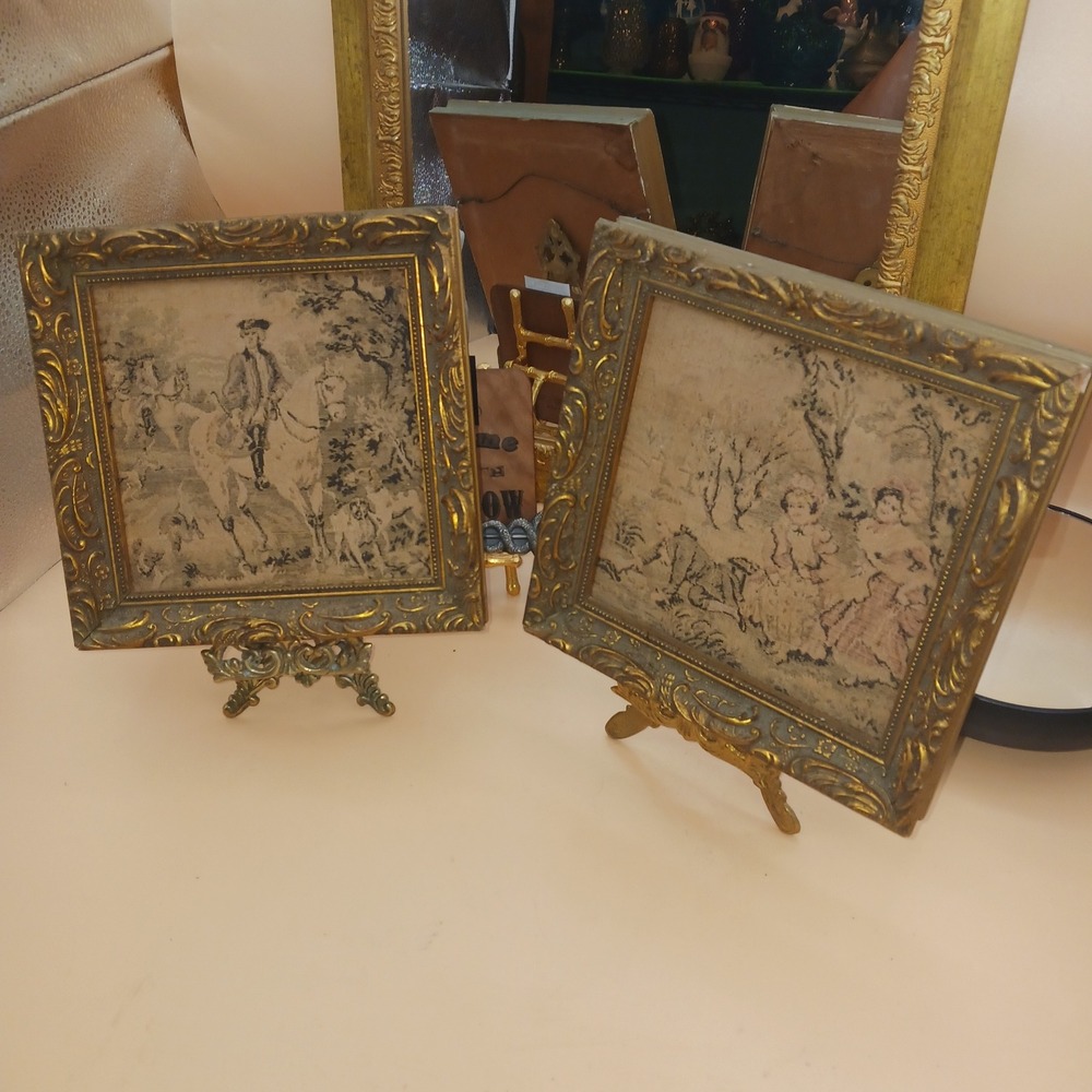 VTG Tapestry Wall Art Set: Ornate Gold Baroque frame with Hunt & Courting Scene